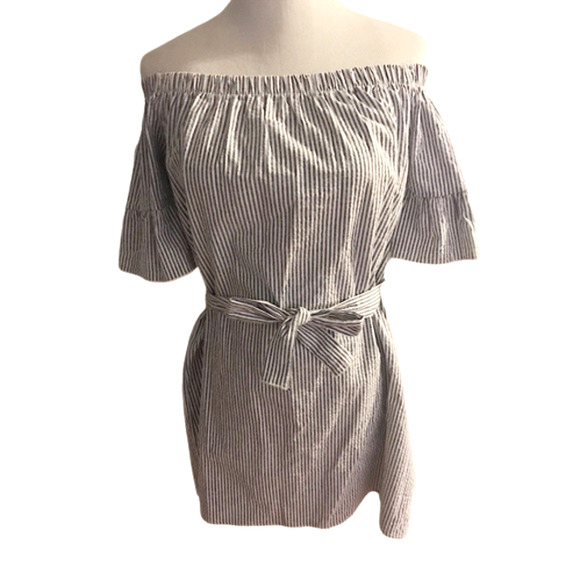 Pink Lemonade Seersucker Off Shoulder Dress Blue White Striped Belted Small - Picture 6 of 7